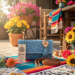 Denim Blue Sunflower Embossed Tooled Artisan LEATHER Crossbody Bag Purse